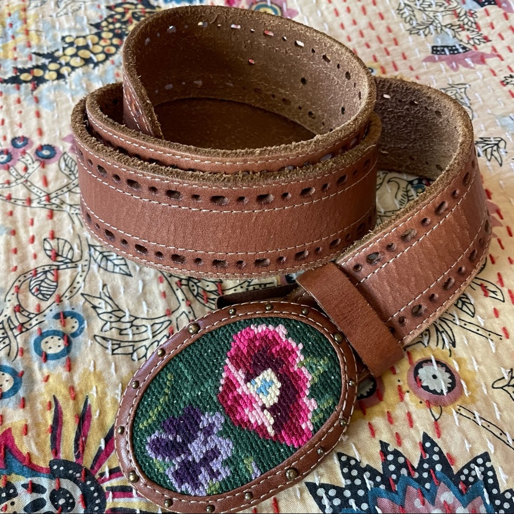 Vintage Lucky Leather Belt with Needlepoint Buckle- Unique Bohemian Style Med
